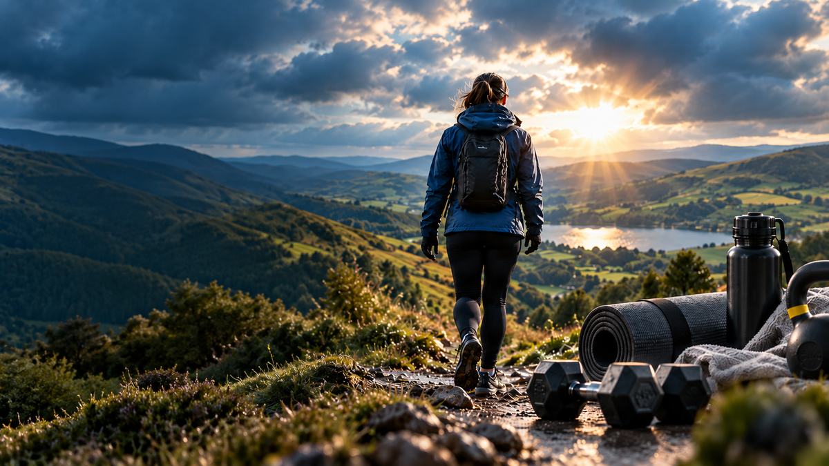 Walker in a navy rain jacket on a wet hillside path above a lake at sunset, with a yoga mat, dumbbells and water bottle beside the path